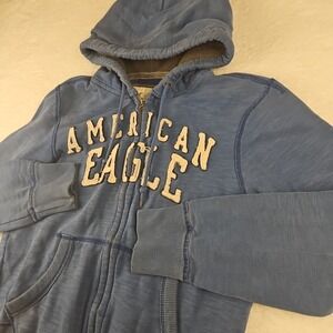 American Eagle Sweatshirt Zip Thermal Hoodie Sz M Blue Y2K Embroidered Spell out